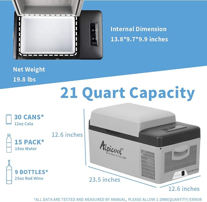 Alpicool C20 portable compressor fridge freezer 21Quart(20Liter) for car and home - 12V/24V DC and