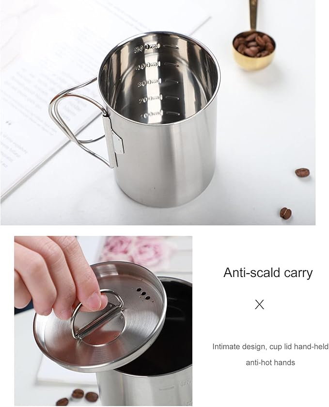 Stainless Steel Camping Cup, 17oz Fireproof Metal Cup with Lid and Foldable Handle, High