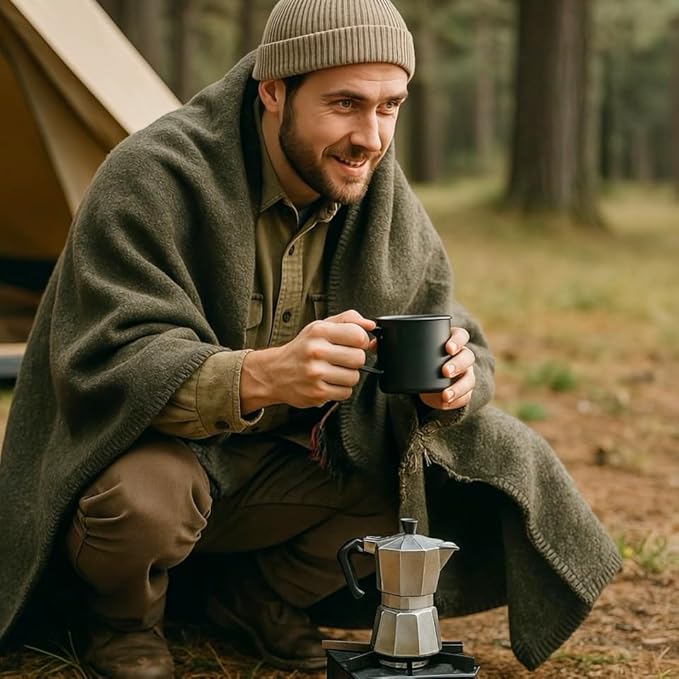 Wool Camping Blanket ??70% Wool Heavy-Duty Military Style Throw, Warm & Washable, Fire Retardant
