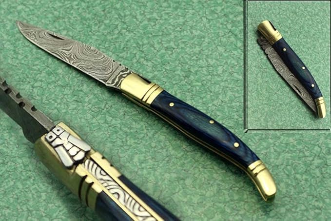 Laguiole Folding Damascus steel knife, 8.6" Long with 4" hand forged custom twist pattern Blade.