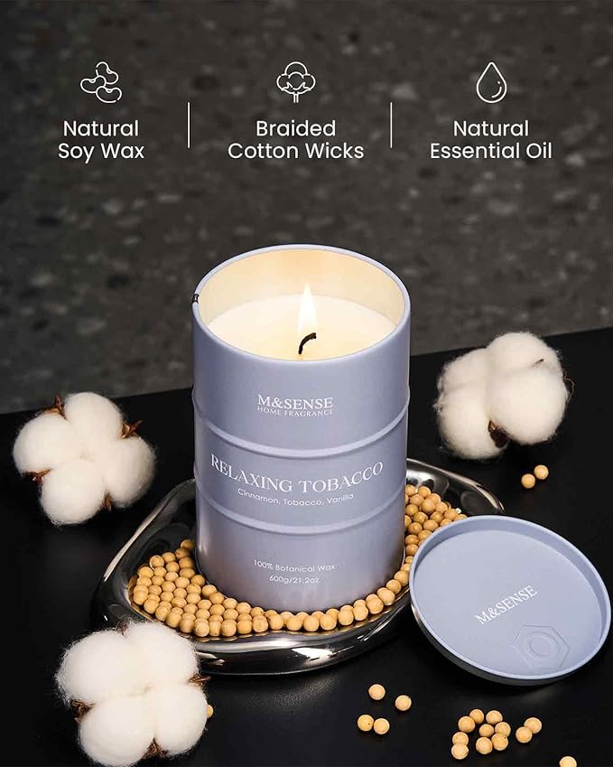 M&SENSE Tobacco Scented Candles Large, Natural Soy Candles 21.2oz 120 Hour Slow