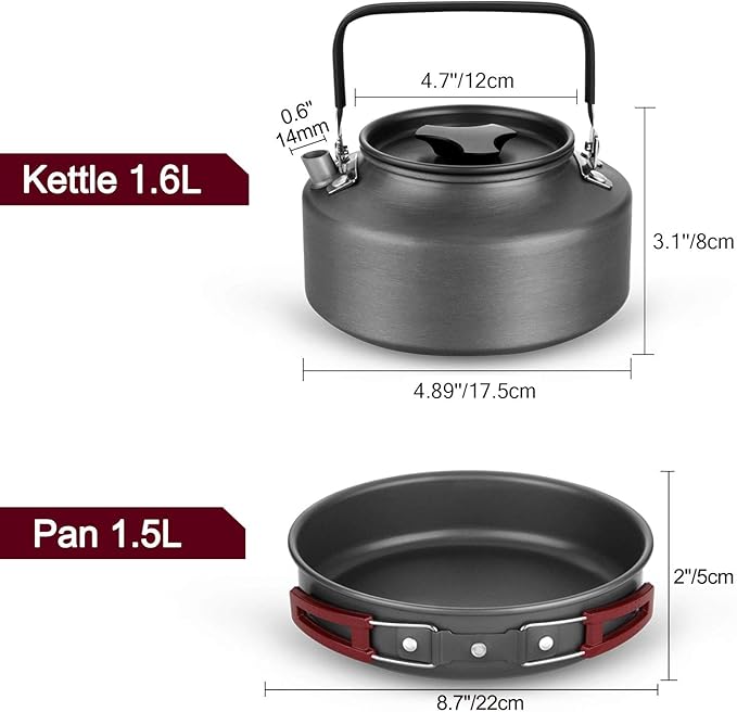 Odoland 22pcs Camping Cookware Mess Kit, Large Size Hanging Pot Pan Kettle with Base Cook Set for