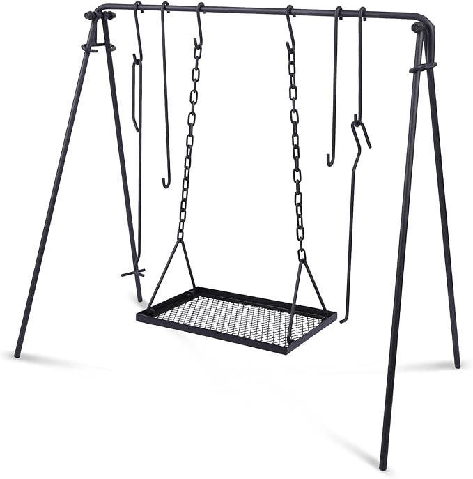 Lineslife Grill Swing Campfire Cooking Stand with Height Adjustable Iron Grill Grate, Collapsible
