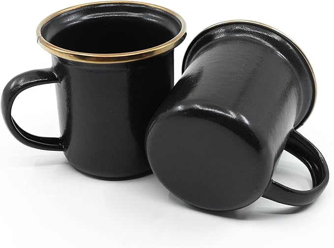 Barebones 5-Ounce Enamel Espresso Cup Set of 2 - Small Coffee Mug and Tea Cup - Stainless Steel Rim