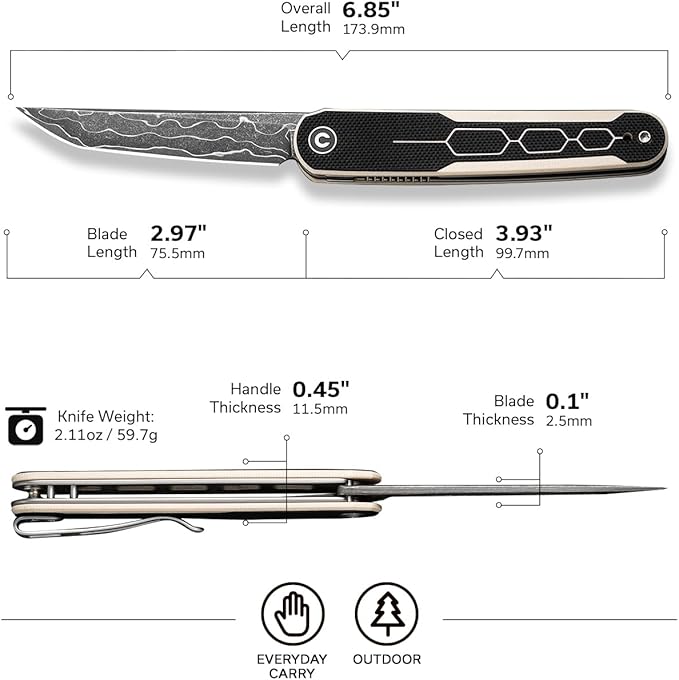 CIVIVI KwaiQ Pocket Knife, Folding Knife with Inline Flipper for EDC, 2.97" Damascus Tanto Blade