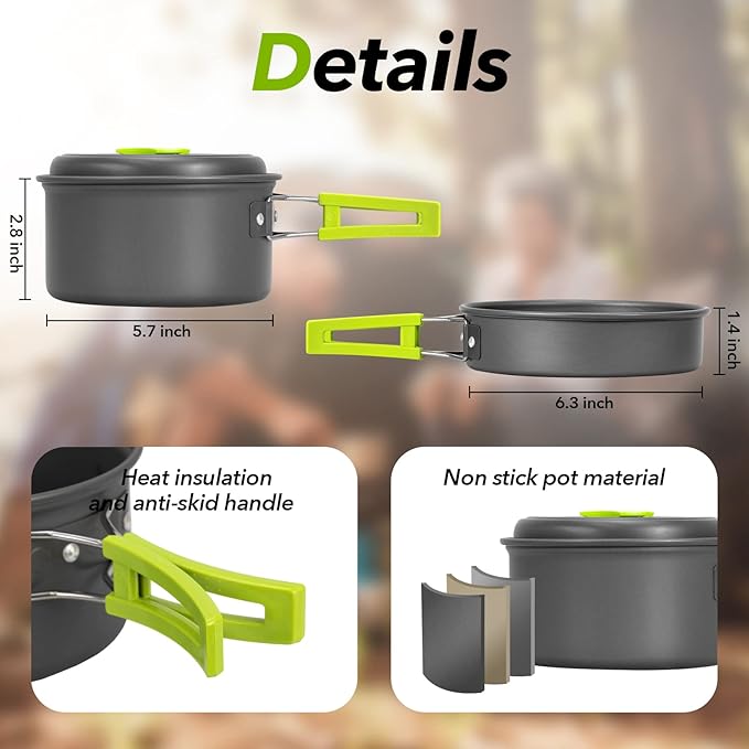 15pcs Camping Cookware Mess Kit,Non-Stick Lightweight Pots Set Portable Outdoor Cookware for