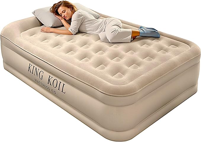 King Koil Luxury Air Mattress 20in Full Size Beige with Built-in Pump for Home, Camping &