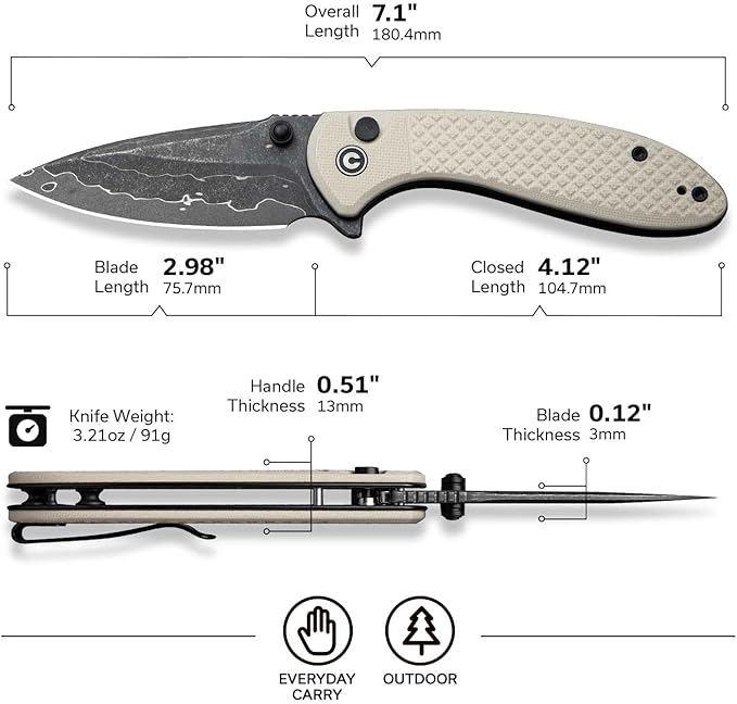 CIVIVI Faeger Pocket Folding Knife for EDC, 2.98" Damascus Blade G10 Handle, Reversible Clip for