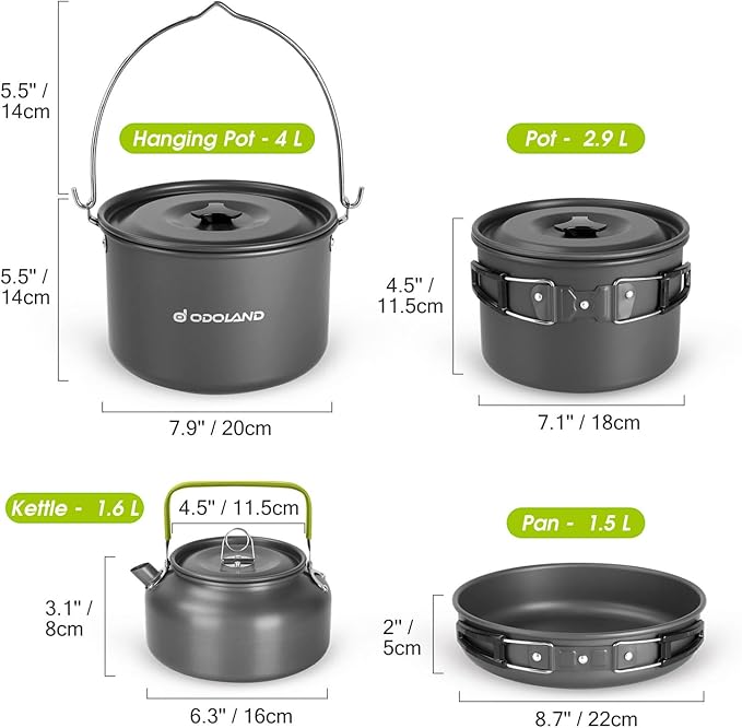 Odoland 39pcs Camping Cookware Mess Kit, Non-Stick Large Size Hanging Pot Pan Kettle with Base