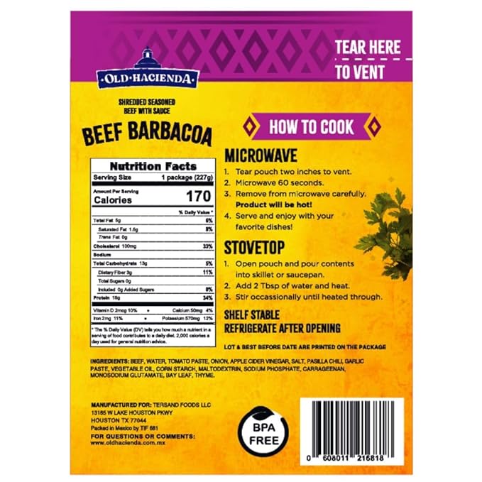 Old Hacienda Beef Barbacoa, | 100% Shredded Seasoned Beef with Sauce | Fully Cooked & Ready to Eat