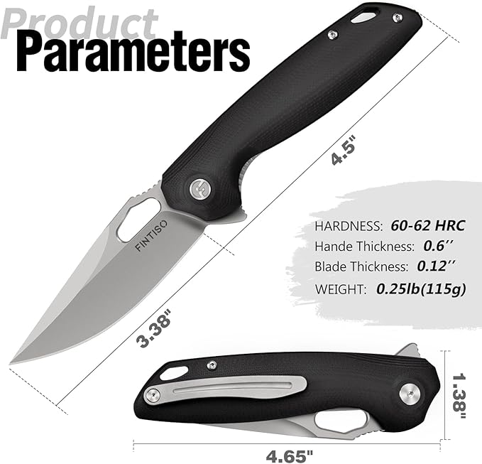 FINTISO Pocket Knife 3.38" Folding Knife Premium 14C28N Blade G10 Handle, Camping Survival Hiking