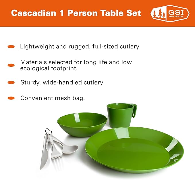 GSI Outdoors Cascadian 1 Person Table Set I 6-Piece Camping, Backpacking Mess Kit, Plastic BPA