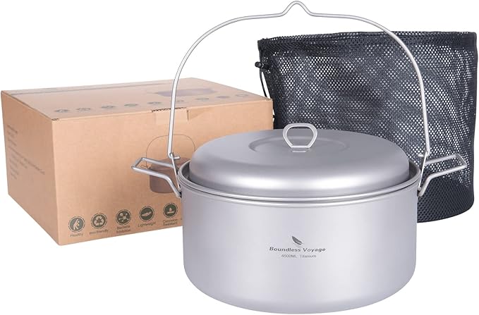 Boundless Voyage Titanium 4.5L Hanging Pot with Steaming Rack Folding Handle Outdoor Camping