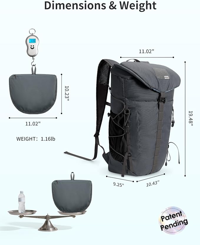 Blue Quartz Hiking Backpack 30L Lightweight Packable Backpack for Travel, Water Resistant Foldable