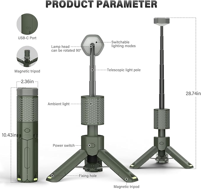 Telescopic Camping Light - 10500mAh Rechargeable Camping Lantern with Storage Bag, Dimmable