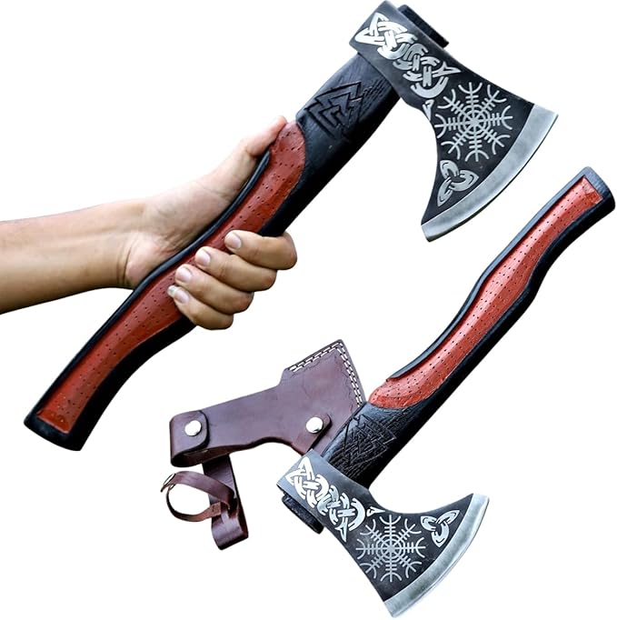 Viking Axe | 18" Carbon Steel Throwing Hatchet with Ash Wood Handle & Leather Sheath | Etched Norse