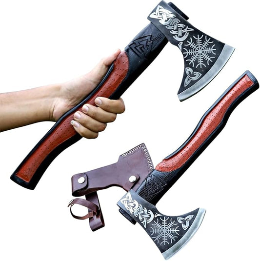 Viking Axe | 18" Carbon Steel Throwing Hatchet with Ash Wood Handle & Leather Sheath | Etched Norse