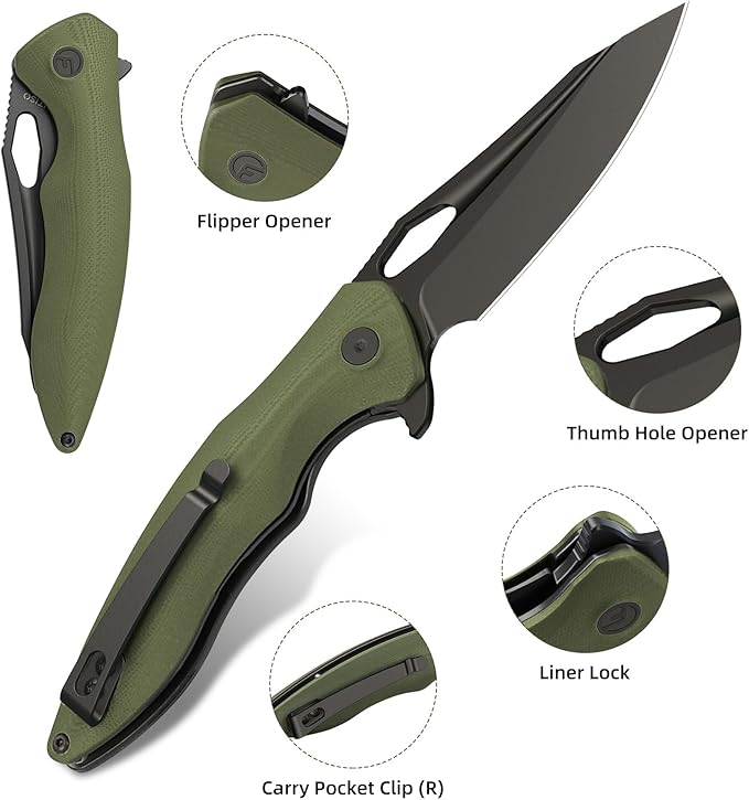 FINTISO Apollo Pocket Knife, 3.3" 14C28N Blade G10 Handle Folding Knife with Liner Lock, Small EDC