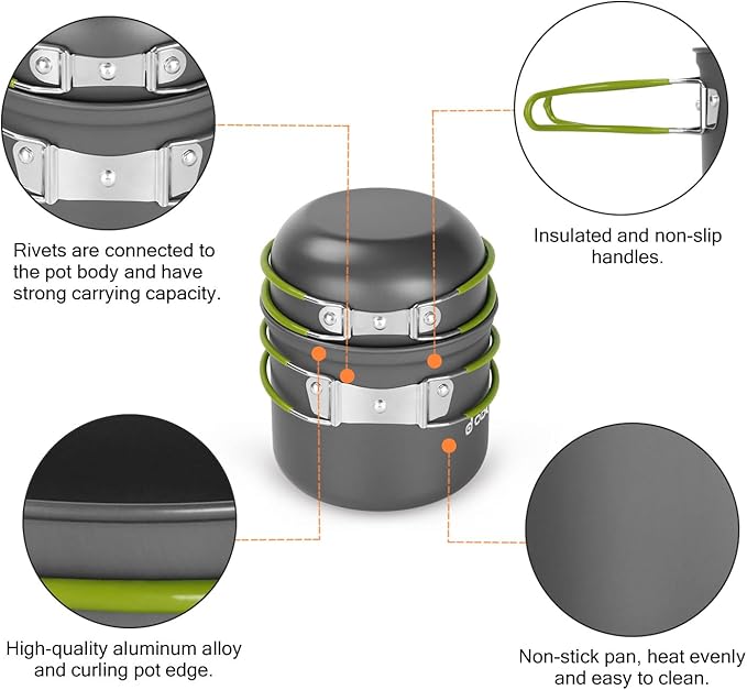 Odoland 16pcs Camping Cookware Mess Kit, Lightweight Pot Pan Mini Stove with 2 Cups, Fork Spoon