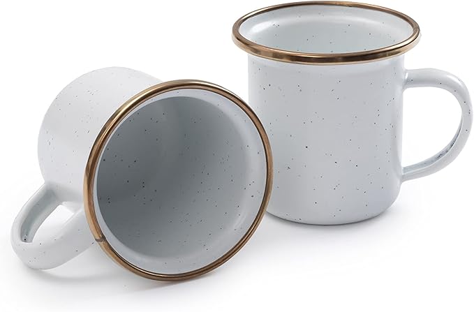 Barebones 5-Ounce Enamel Espresso Cup Set of 2 - Small Coffee Mug and Tea Cup - Stainless Steel Rim
