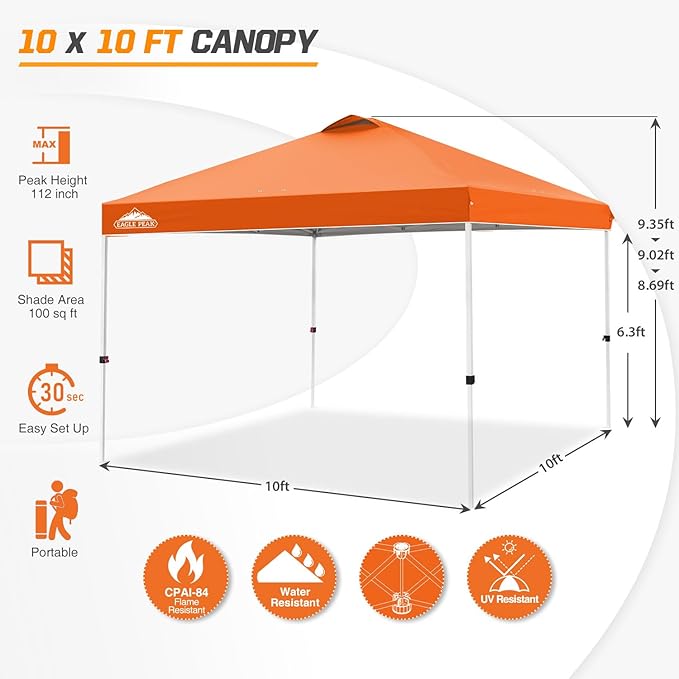 EAGLE PEAK Pop Up Canopy Tent with Wheeled Carry Bag, 8 Stakes, 4 Ropes, 4 Weight Bags, Easy Set Up