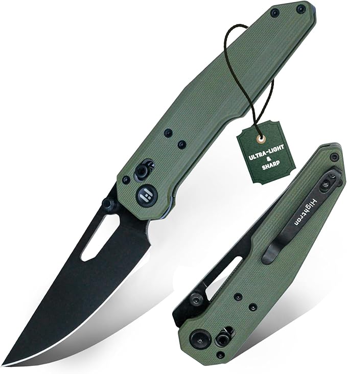 Hightron Sharplyn Folding Knife, 3.6" 14C28N Steel Blade with Black PVD OD Green G10 Handle Pocket