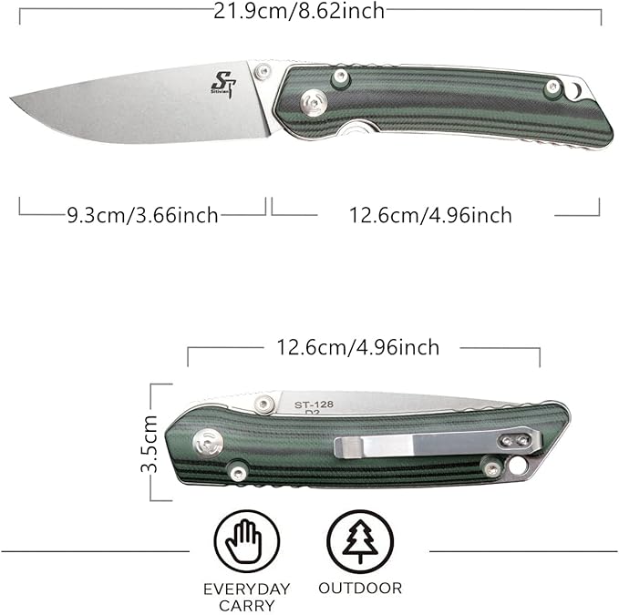 Sitivien ST128 Folding Knife,D2 Blade G10 Handle Safety Liner Lock EDC Tool Knife for Outdoor