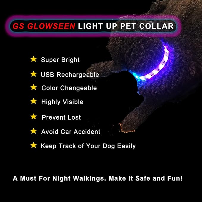 LED Dog Collar - Color Changeable Light Up Dog Collars USB Rechargeable,15 Light Effects Glow in