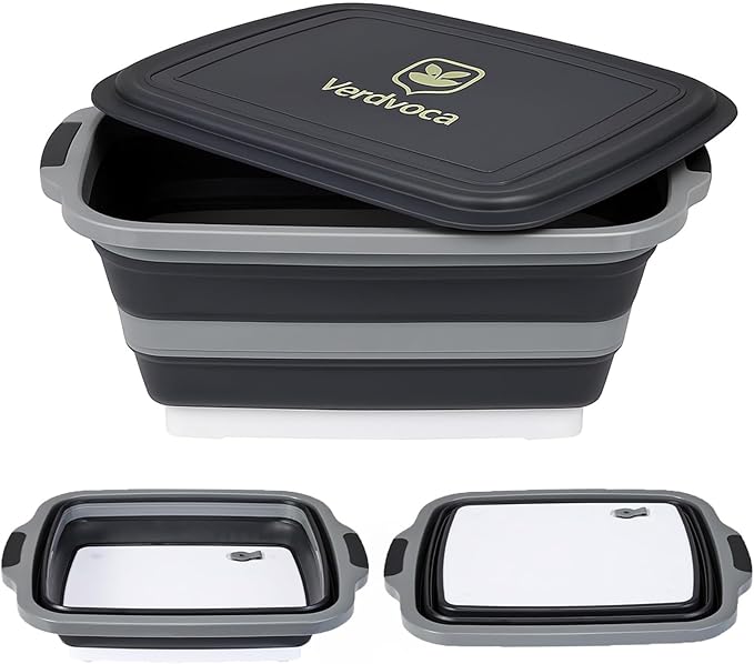 Collapsible BBQ Prep Tubs with Lids, Grill Cutting Board, Camping Sink with Drainage Hole for Meal