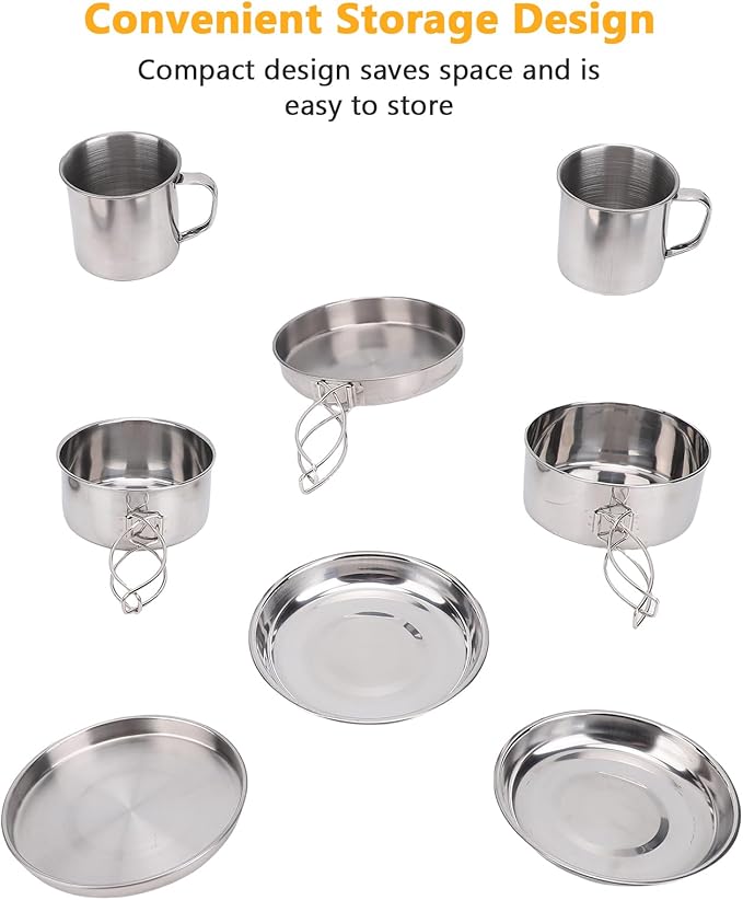 8PCS Stainless Steel Camping Cooking Set Cookware Mess Kit Cook Pots and Pan Set with Plates Cups