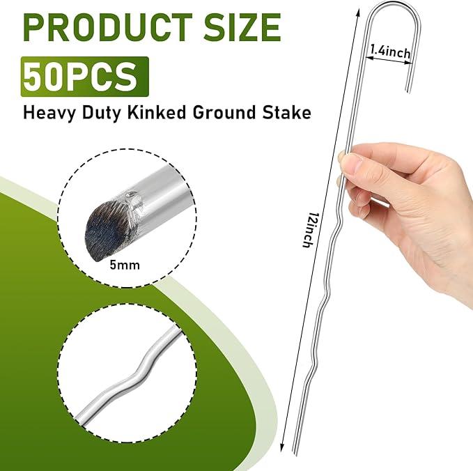 50 Pcs Kinked Ground Stakes 12 Inch Metal Garden Fence Edging Hook Heavy Duty J Shaped Galvanized