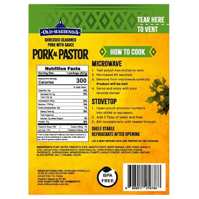 Old Hacienda Pork al Pastor | 100% Shredded Seasoned Pork with Sauce | Fully Cooked & Ready to Eat