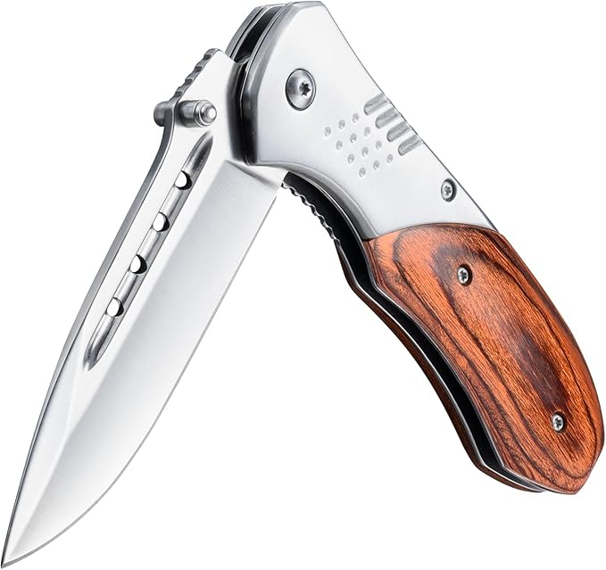 Pocket Knife for Men - 2.98" Sharp Blade Wood Handle Pocket Folding Knives with Clip, Glass Breaker