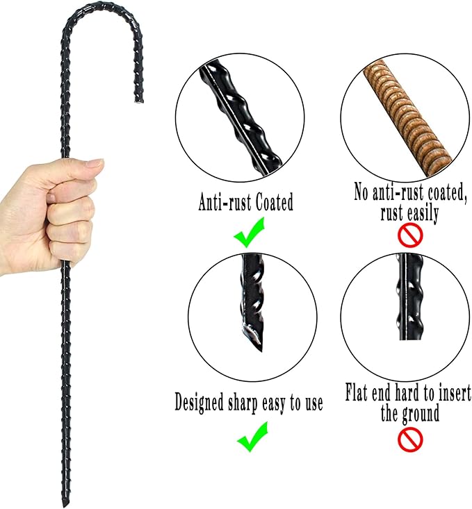 16 Inch Ground Rebar Stakes, J Hook Extra Heavy Duty Rust Proof Coated Steel Ground Anchors with