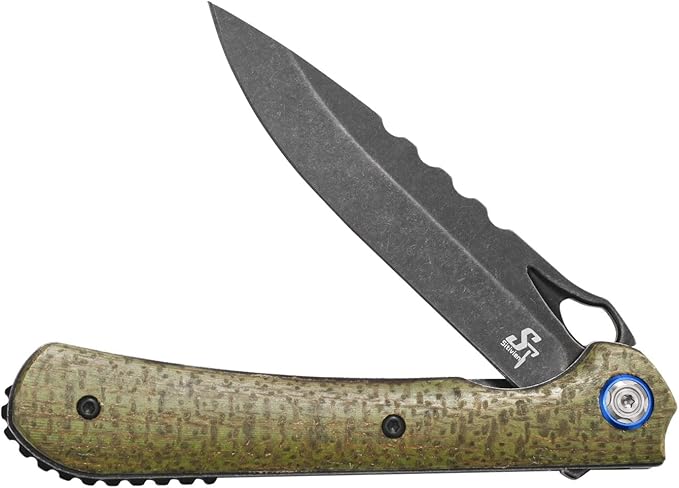 Sitivien ST145 Folding Pocket Knife,Black Stonewashed 14C28N Steel Blade,Micarta Handle EDC Tool
