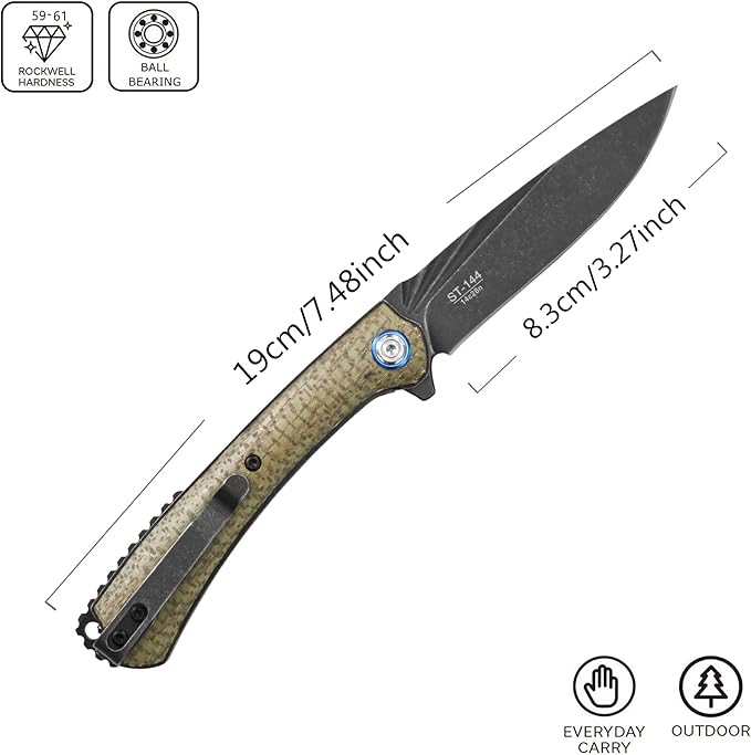 Sitivien ST144 Folding Knife,Black Stonewashed 14C28N Steel Blade,Micarta Handle Pocket Knife for