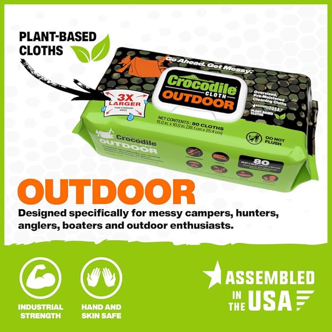 Crocodile Cloth Outdoor Cleaning Wipes ??80 Count Plant-Based Cloths (15"x10"), Skin Safe