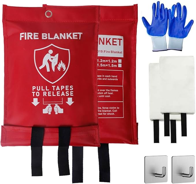 Emergency Fire Blanket for Home Kitchen 40"x40" 2 Pack with Gloves and Hooks Flame Suppression