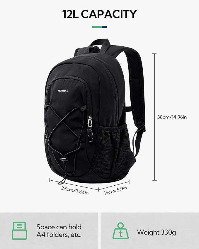 WATERFLY 12L Small Hiking Backpack: Day Pack Lightweight Travel Bag Camping Fitness Cycling Outdoor