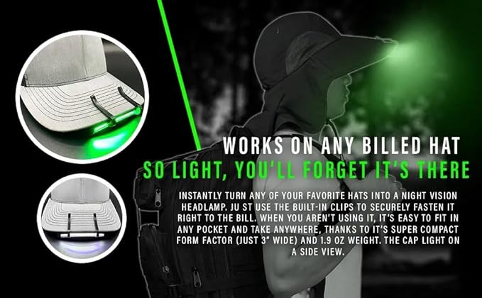 Night Vision Cap Light ?“Compact, Clip-On Hat Flashlight Powered by AAA | Dual LED Modes for