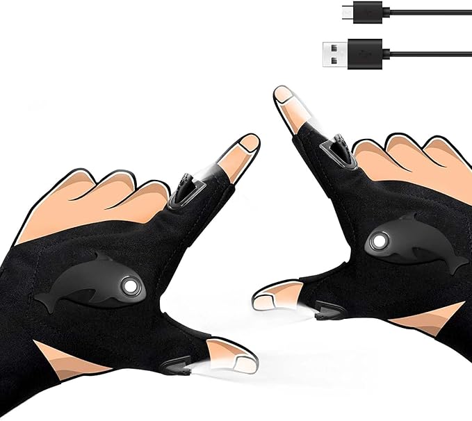 LED Rechargeable Flashlight Gloves, Gifts for Men, for Dad, Cool Stretchy Fingerless Light Gloves