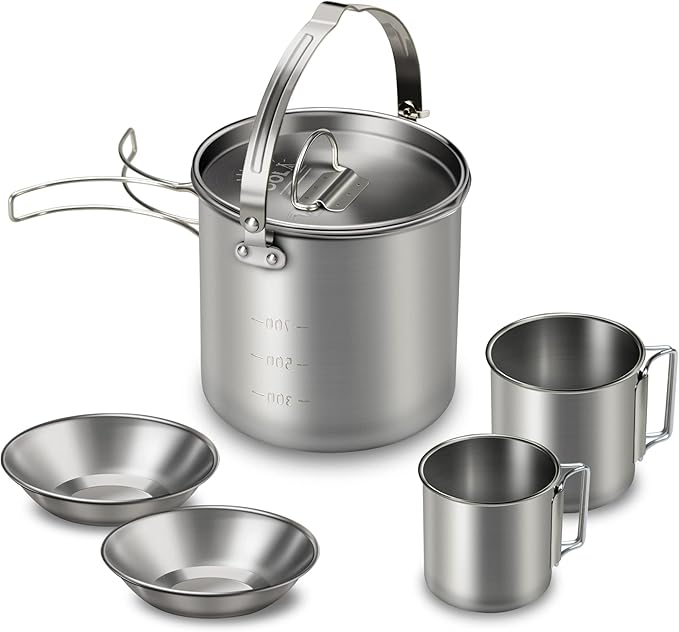 Lixada 5PCS Camping Cookware Set Stainless Steel 1.2L Camping Pot with 2 Cups & 2 Bowls
