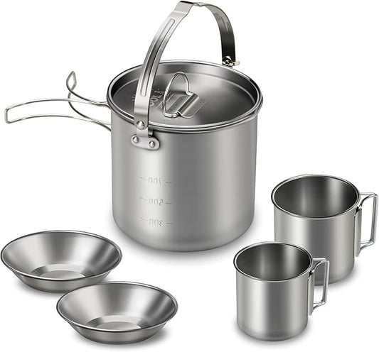 Lixada 5PCS Camping Cookware Set Stainless Steel 1.2L Camping Pot with 2 Cups & 2 Bowls