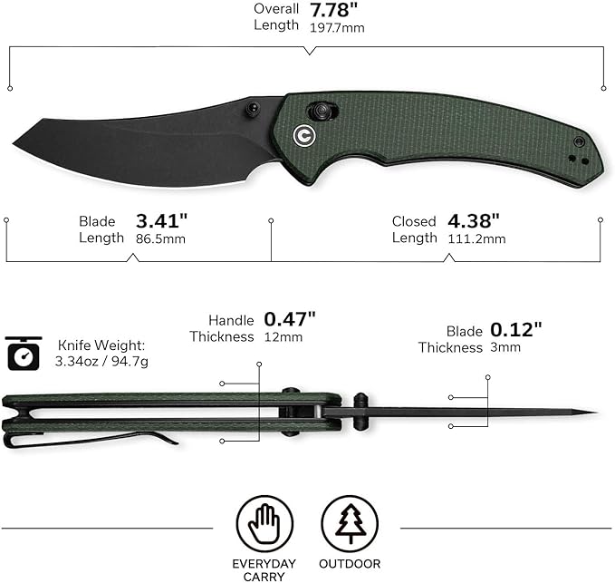 CIVIVI Sixgill Folding Pocket Knife for EDC, 3.41'' Nitro-V Blade Micarta Handle, Deep Carry
