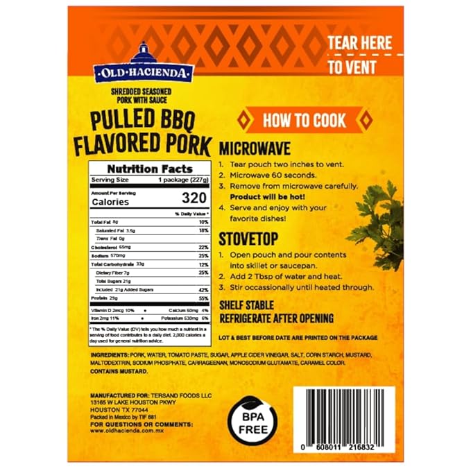 Old Hacienda Pulled BBQ Flavored Pork | 100% Shredded Seasoned Pork with Sauce | Fully Cooked &