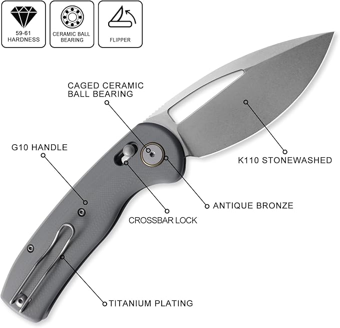 Petrified fish PFP13 Viper Folding Knife,3.5" K110 Steel Stonewashed Blade G10 Handle Pocket Knife