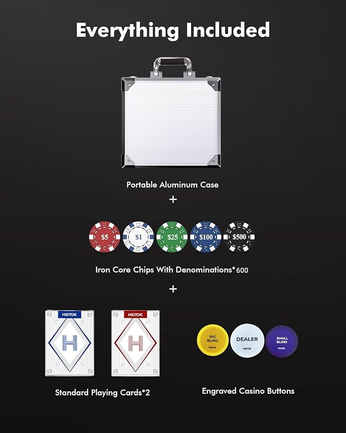 Poker Chips with Denominations, 600-pcs 11.5g Weighted Numbered Casino Chips Set, 2 Decks with