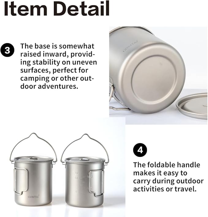 750ml/26oz Titanium Camping Pot with Lid and Foldable Handle, Ultralight Camping Mug for Hiking