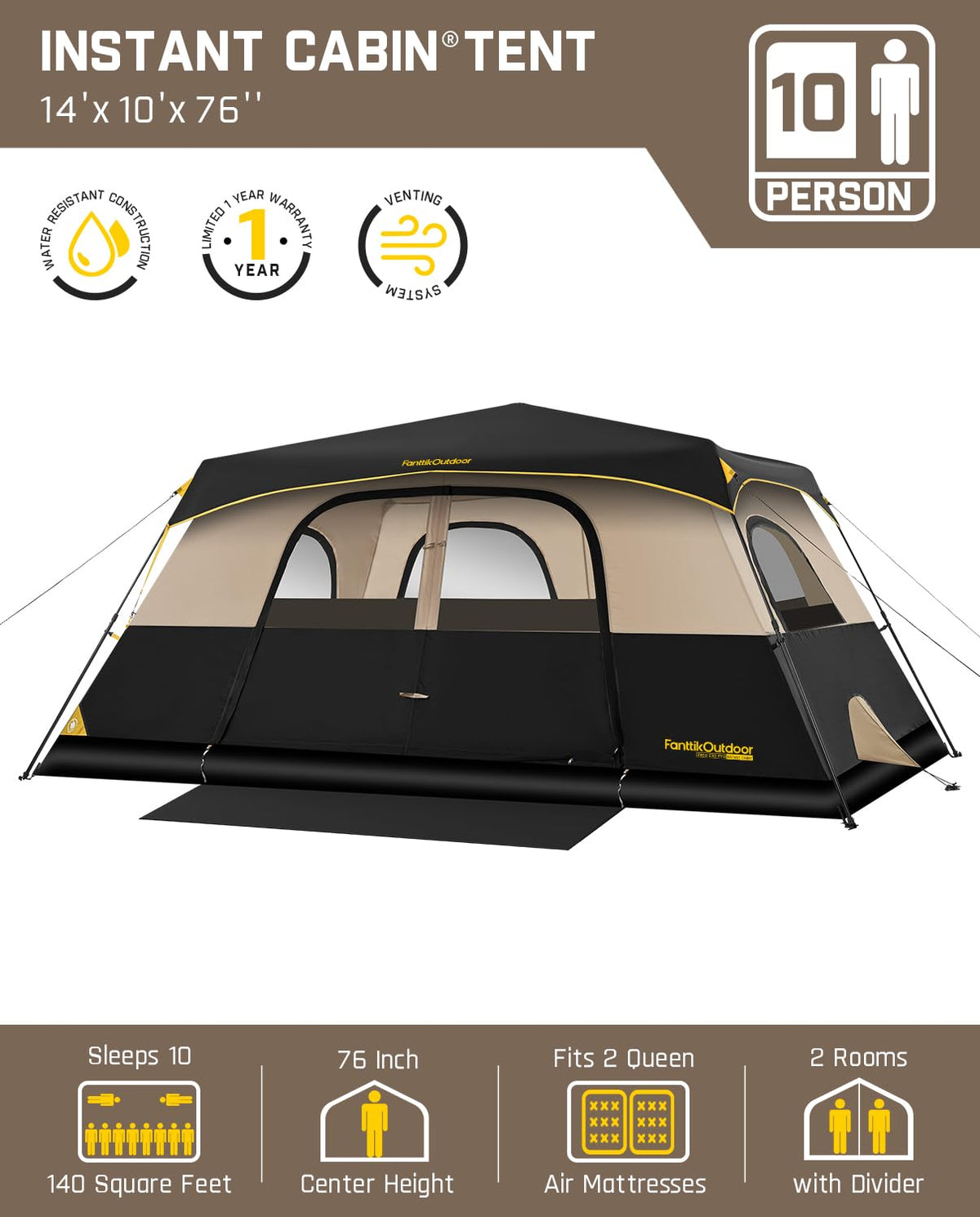 FanttikOutdoor Zeta C10 Pro 10 Person Tent for Camping Setup in 60s (Khaki)