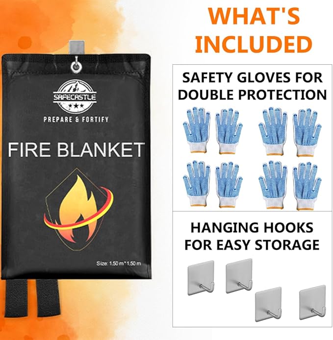 SAFECASTLE Emergency Fire Blanket 59"x59" Large Size, 4 Pack + 4 Hooks & 4 Gloves Fire Retardant